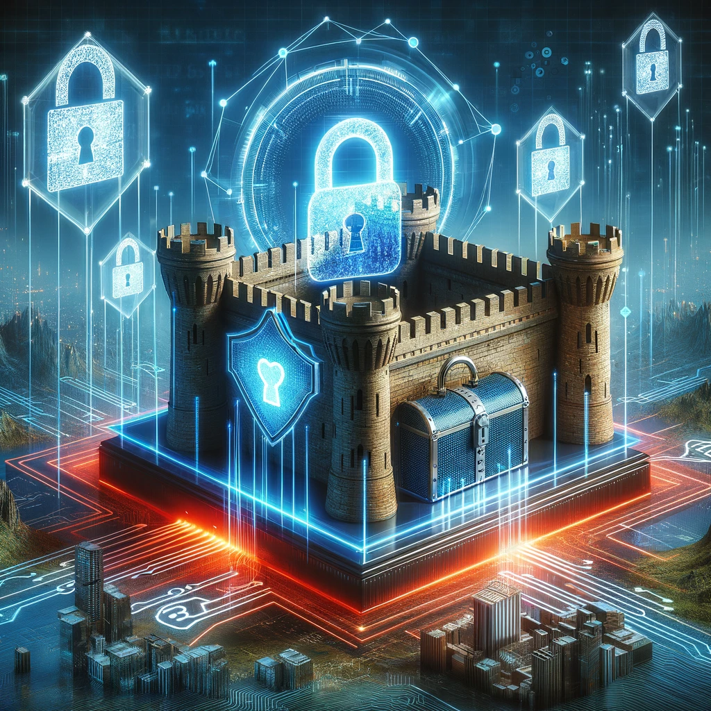 Digital fortress with locks and firewalls protecting taxpayer information treasure chest in a 2024 cyber landscape